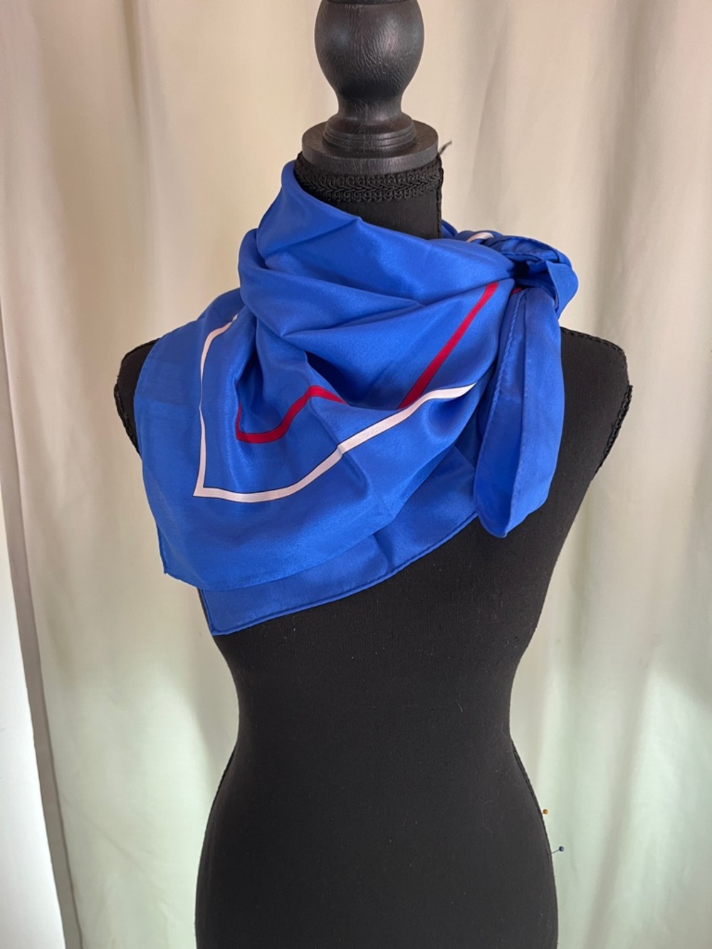 Blue 100% Silk Women's Fashion Square Scarf with Red and White